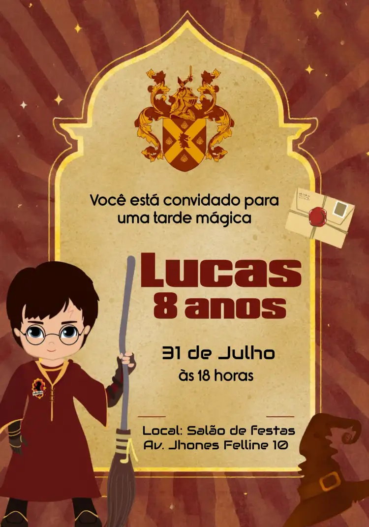 Convite Harry Potter Festa – tema Aniversário Infantil mágico, fantasia, vibrante, colorido, temático, bruxo