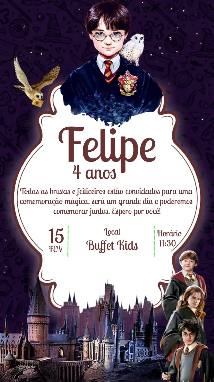 Convite Harry Potter Filme – tema Aniversário Infantil mágico, bruxo, fantasia, escuro, colorido, aventura