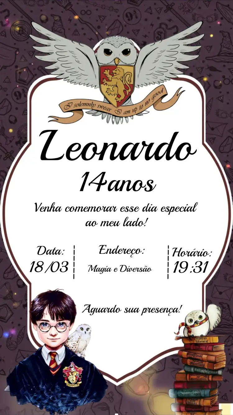 Convite Harry Potter Grifinória – tema Aniversário Infantil bruxaria, fantasia, magia