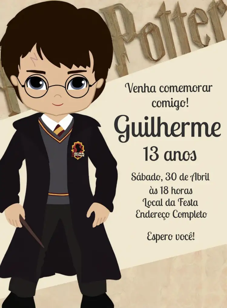 Convite Harry Potter Grifinória – tema Aniversário Infantil magia, fantasia, colorido, jovial, ilustrações de bruxos, elementos de Hogwarts