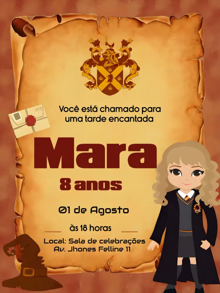 Convite Harry Potter Hermione – tema Aniversário Infantil mágico, fantasia, vibrante, colorido, bruxaria, temática