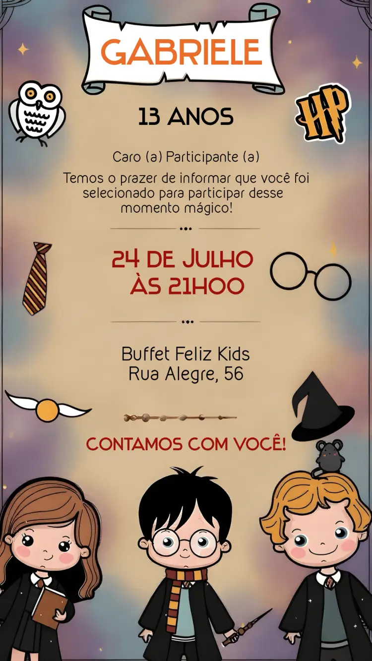 Convite Harry Potter Hermione – tema Aniversário Infantil mágico, aventura, fantasia, colorido, temático, divertido