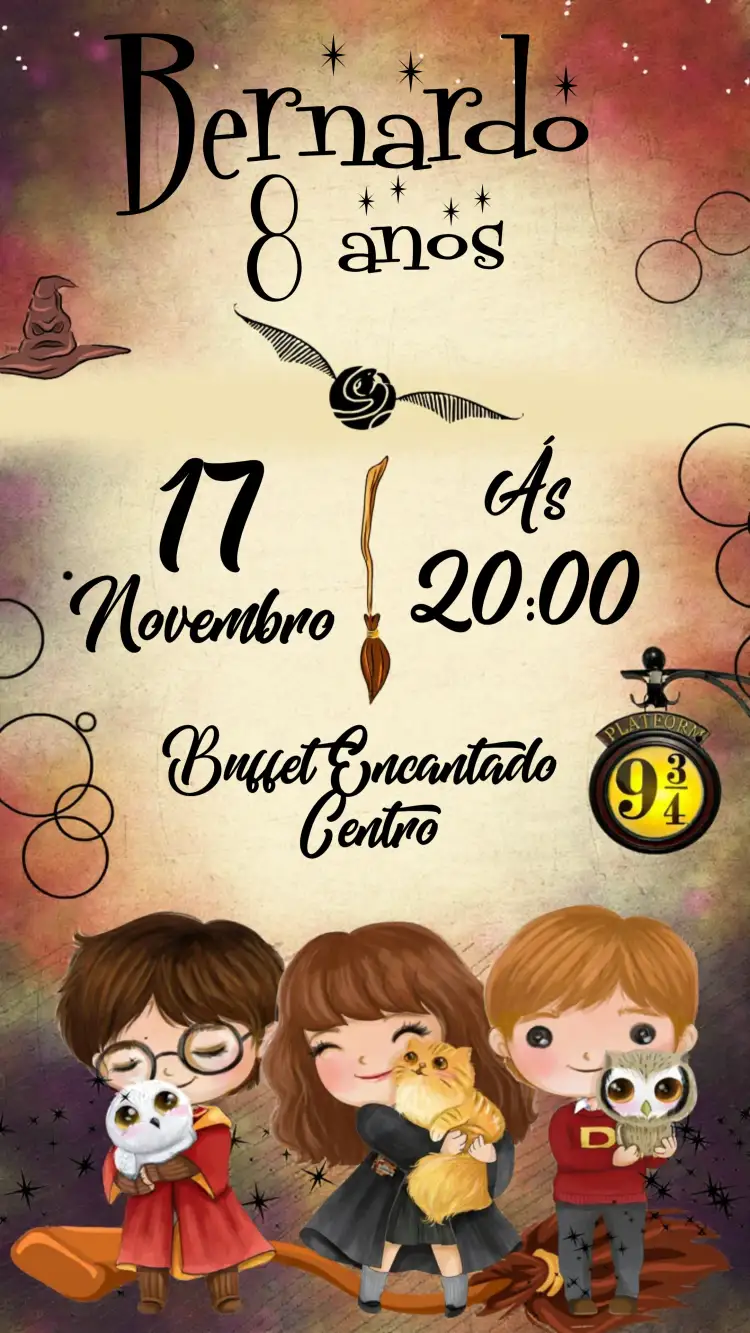 Convite Harry Potter Hogwarts – tema Aniversário Infantil mágico, aquarela, fantasia, colorido, temático, infantil