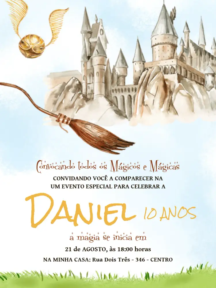 Convite Harry Potter Hogwarts – tema Aniversário Infantil mágico, fantasia, vintage, ilustrações de bruxos, cores vibrantes, estilo clássico