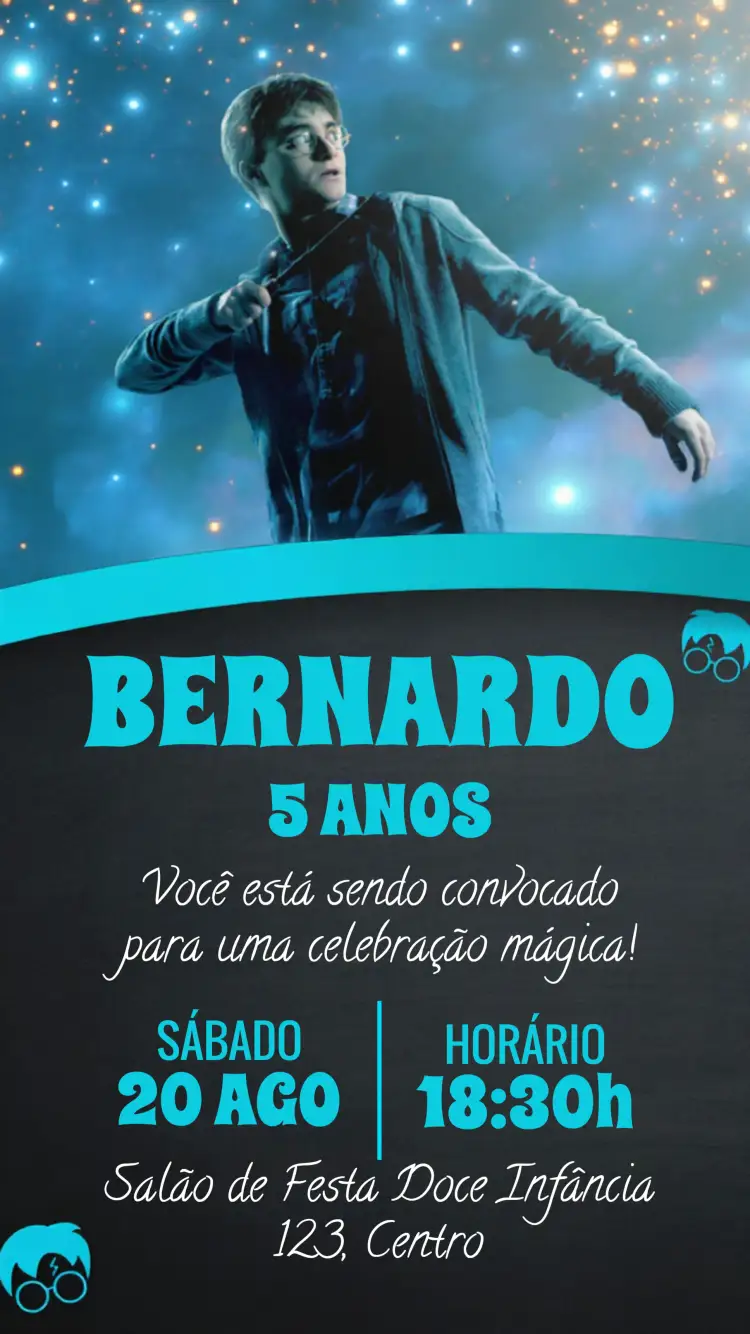 Convite Harry Potter Hogwarts – tema Aniversário Infantil mágico, fantasia, vibrante, ilustrativo, colorido, temático