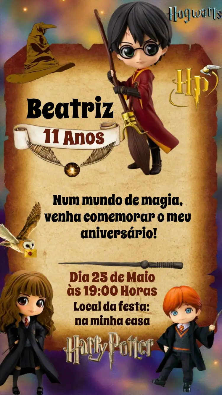Convite Harry Potter Hogwarts – tema Aniversário Infantil mágico, fantasia, bruxaria, vibrante, ilustrativo, infantil