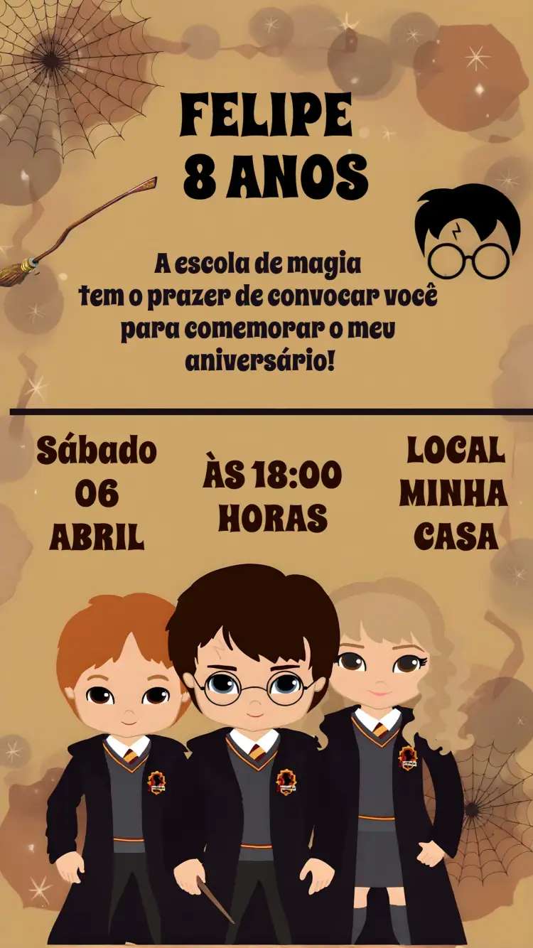 Convite Harry Potter Hogwarts – tema Aniversário Infantil mágico, temático, colorido, fantasia, infantil