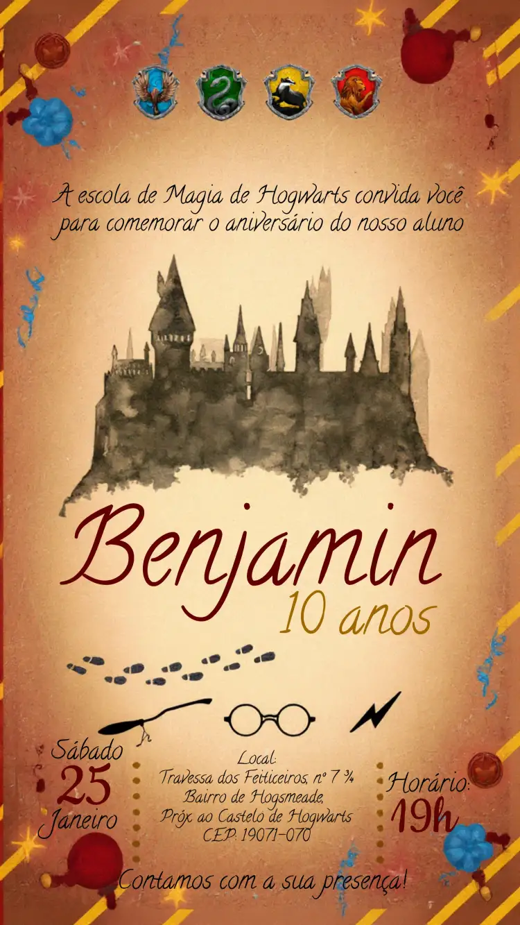 Convite Harry Potter Hogwarts – tema Aniversário Infantil mágico, temático, vibrante, colorido, fantasia, infantil