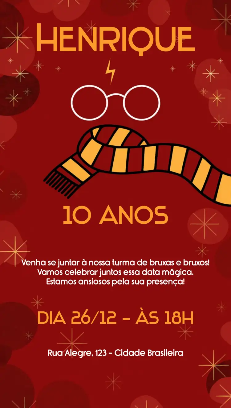 Convite Harry Potter Magia – tema Aniversário Infantil mágico, bruxo, fantasia, vintage, colorido, jovial