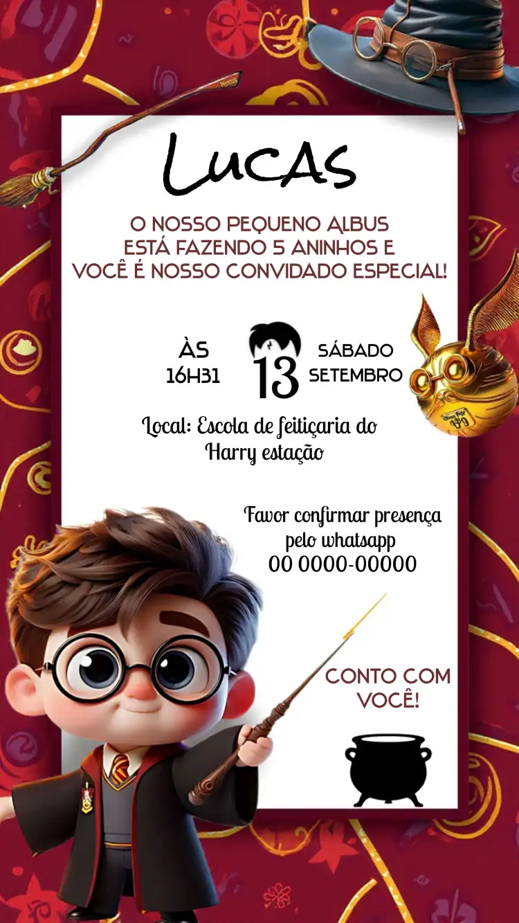 Convite Harry Potter Vermelho – tema Aniversário Infantil vermelho, dourado, temática Harry Potter, mágico, fantasia, jovial