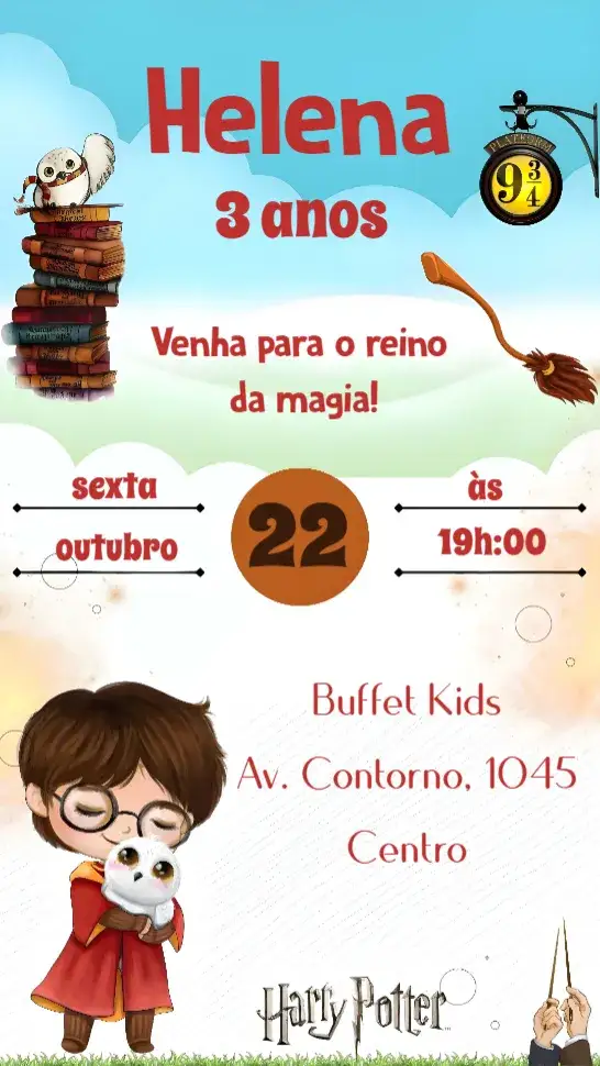 Convite Hary Potter – tema Aniversário Infantil mágico, fantasia, aventura, vibrante, colorido