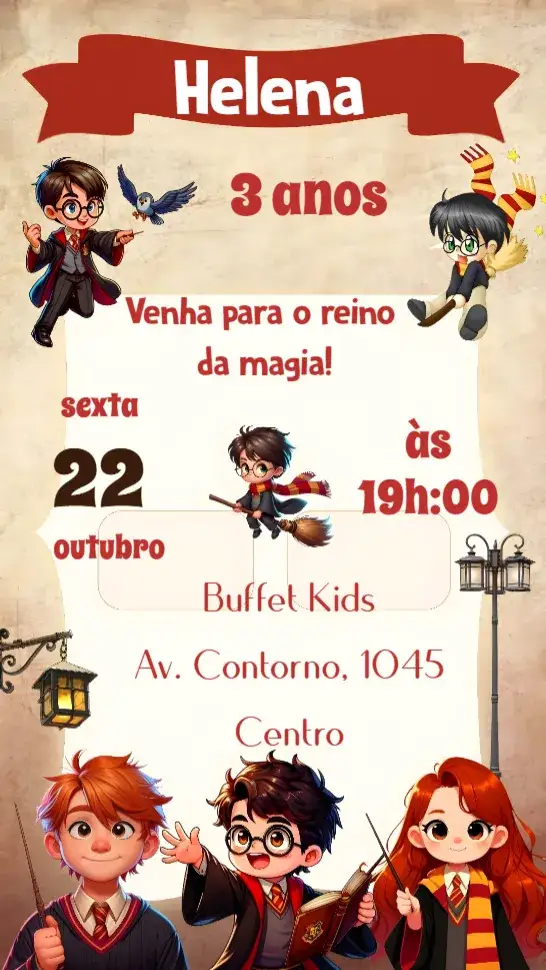 Convite Hary Potter – tema Aniversário Infantil mágico, fantasia, colorido, divertido, aventura, temática
