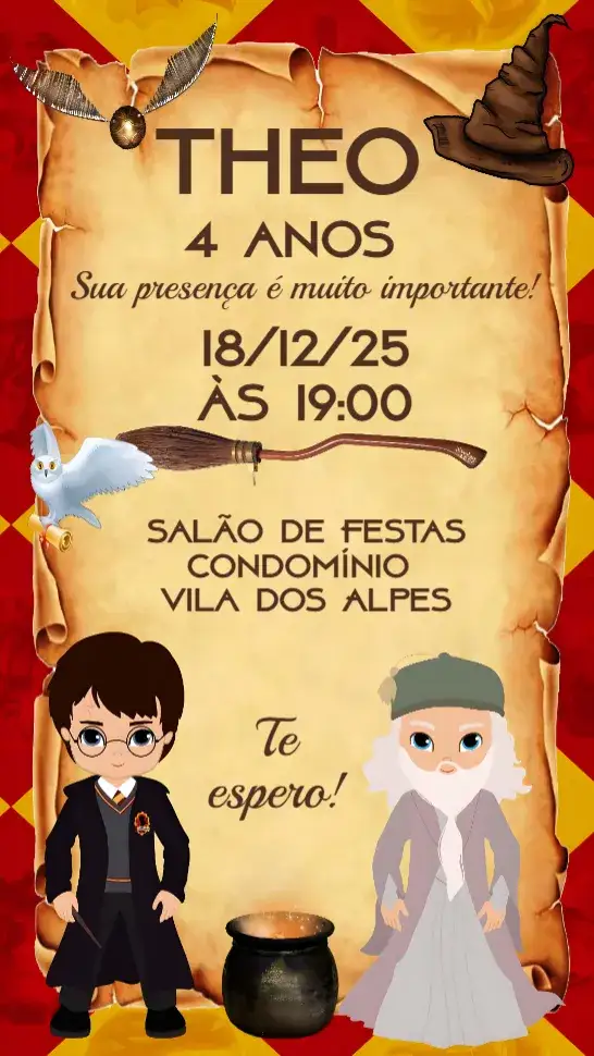 Convite Hary Potter – tema Aniversário Infantil mágico, fantasia, colorido, divertido, jovial