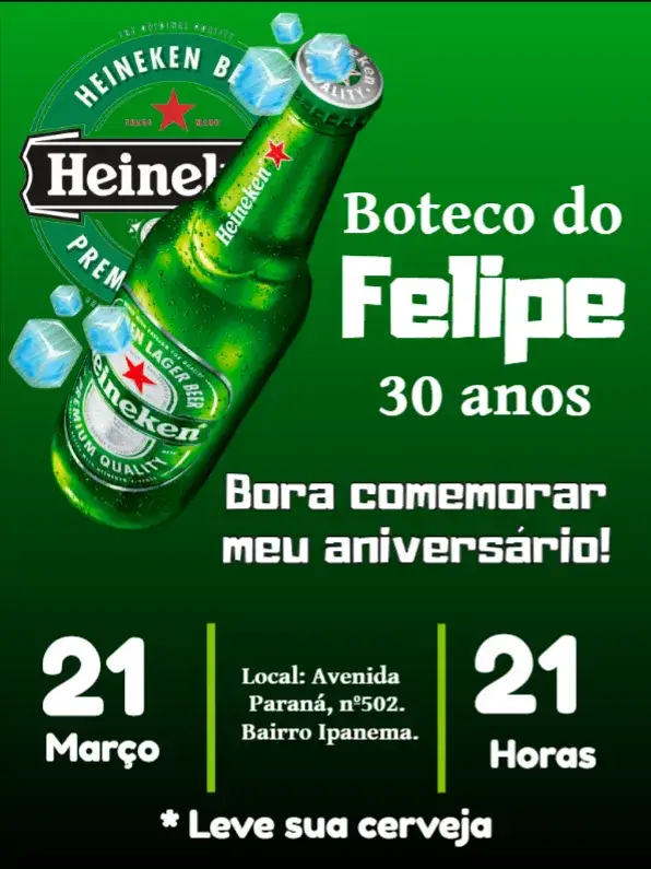 Convite Heineken Bebida – tema Mais pesquisados verde, preto, moderno, festivo, descontraído, boteco