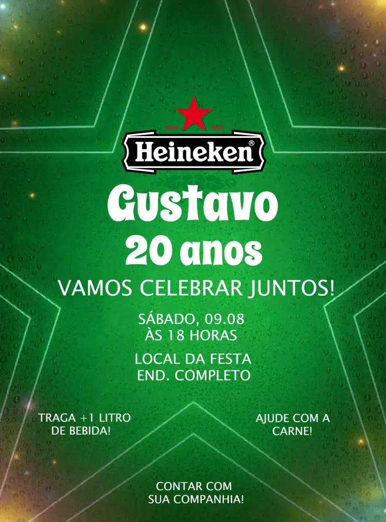 Convite Heineken Churrasco – tema Aniversário moderno, descontraído, verde e preto, boteco, celebração ao ar livre, temática cervejeira