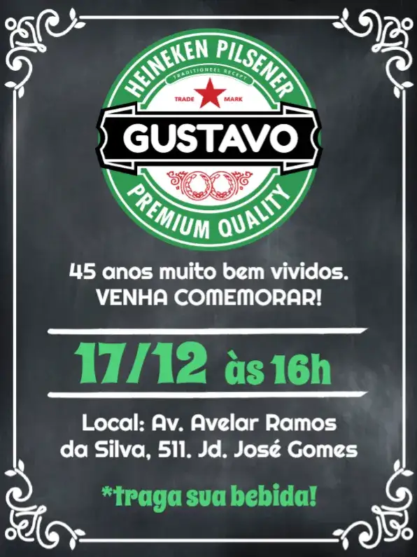 Convite Heineken Homem – tema Aniversário verde, cinza, branco, chalkboard, boteco, moderno