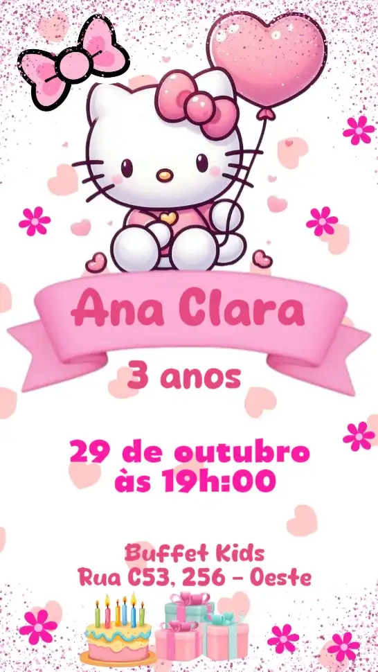 Convite Hello Kitty – tema Aniversário Infantil cores pastel, estilo divertido, elementos gráficos de gatos, design lúdico, inspirado em cartoon