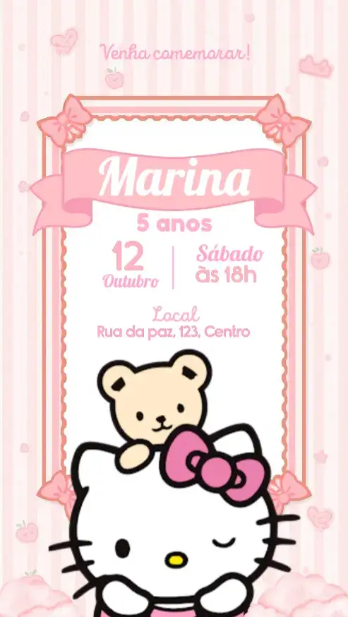 Convite Hello Kitty – tema Aniversário Infantil rosa, fofo, cor pastel, laços, infantil, moderno