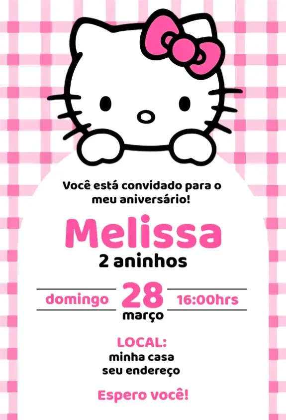 Convite Hello Kitty 12 – tema Aniversário rosa, branco, infantil, divertido, colorido, temático