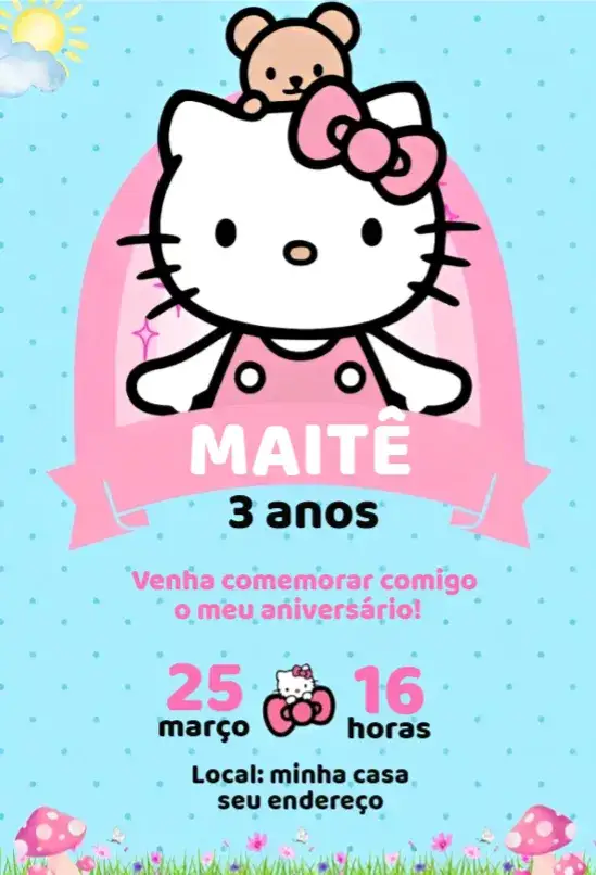Convite Hello kitty 13 – tema Aniversário cores suaves, estilo lúdico, elementos gráficos da Hello Kitty, vibrante e alegre, design infantil, temática fofa
