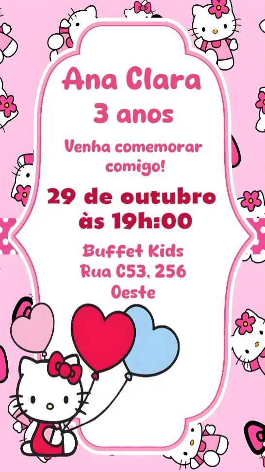 Convite Hello Kitty – tema 15 anos cores vibrantes, estilo lúdico, elementos gráficos da Hello Kitty, tema infantil, visual divertido