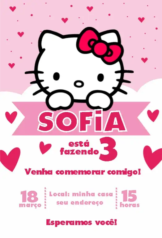 Convite Hello Kitty 3 – tema Aniversário Infantil cores vibrantes, estilo lúdico, elementos gráficos da Hello Kitty, design divertido, temática infantil, ilustrações fofas