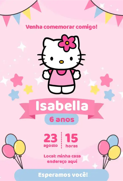 Convite Hello Kitty 4 – tema Aniversário Infantil rosa, divertido, colorido, infantil, temático, lúdico