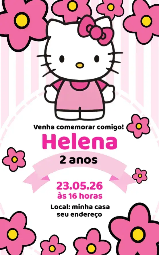 Convite Hello Kitty 5 – tema Aniversário rosa, divertido, infantil, lúdico, moderno, colorido