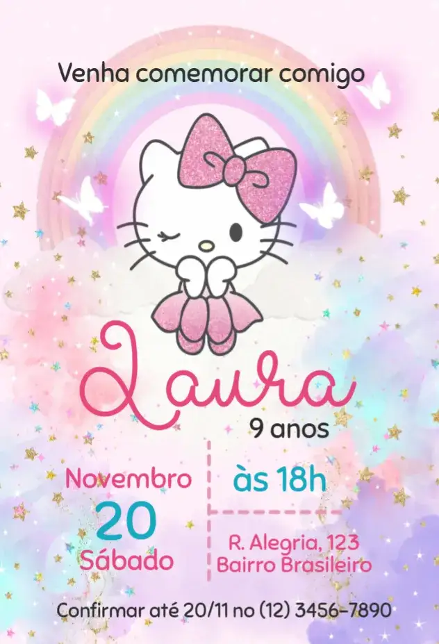 Convite Hello Kitty – tema Aniversário Infantil cores pastel, divertido, ilustrações fofas, estilo japonês, temática de gatinha, vibrante