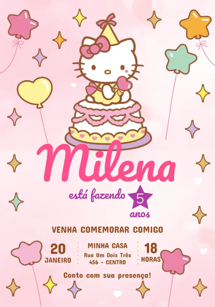 Convite Hello Kitty – tema Mais pesquisados rosa, feminino, lúdico, colorido, divertido, infantil