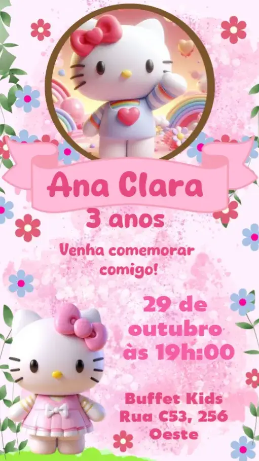 Convite Hello Kitty – tema Aniversário Infantil colorido, divertido, infantil, temático, lúdico