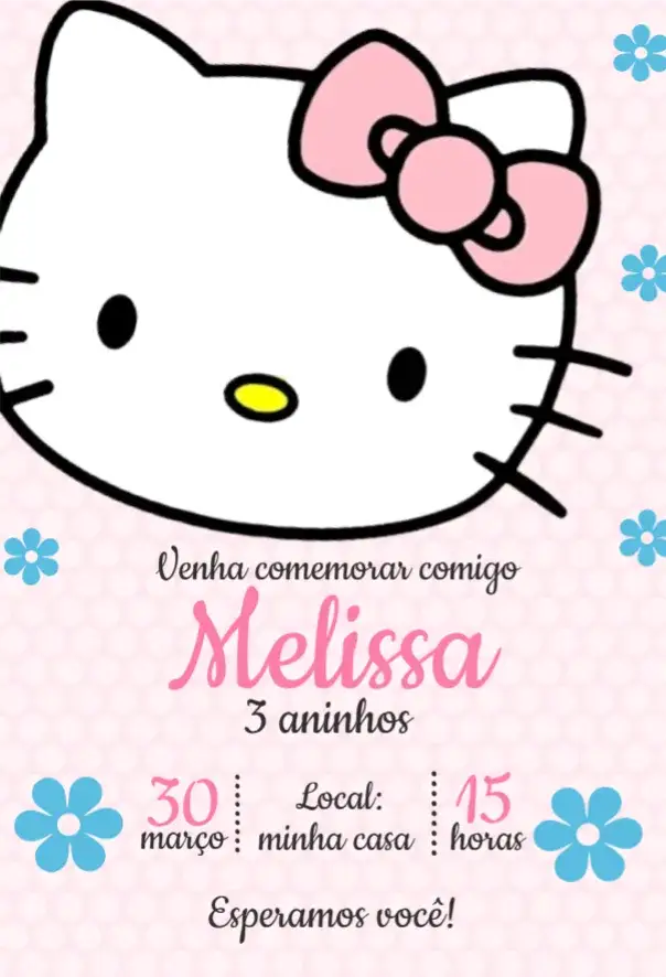 Convite Hello Kitty 9 – tema Aniversário gatinha, infantil, floral