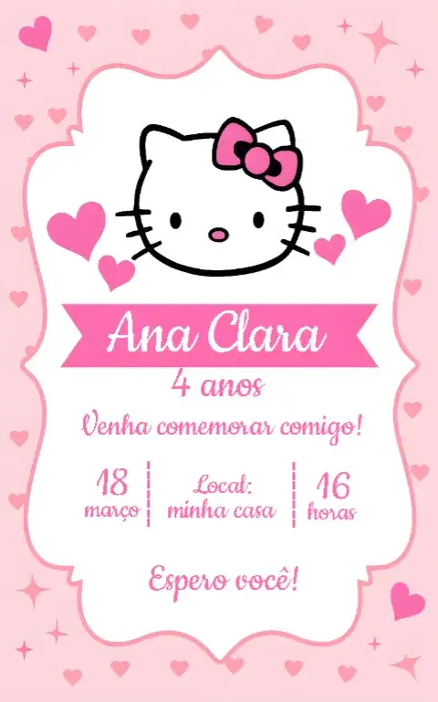 Convite Hello Kitty Coração – tema Mais pesquisados colorido, fofo, infantil, lúdico, divertido