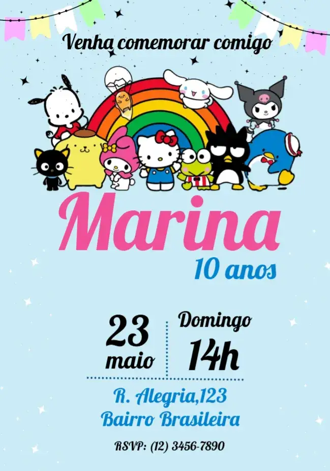 Convite Hello Kitty E Amigos Colorido – tema Aniversário Infantil colorido, divertido, infantil, temático, cartoon, alegre