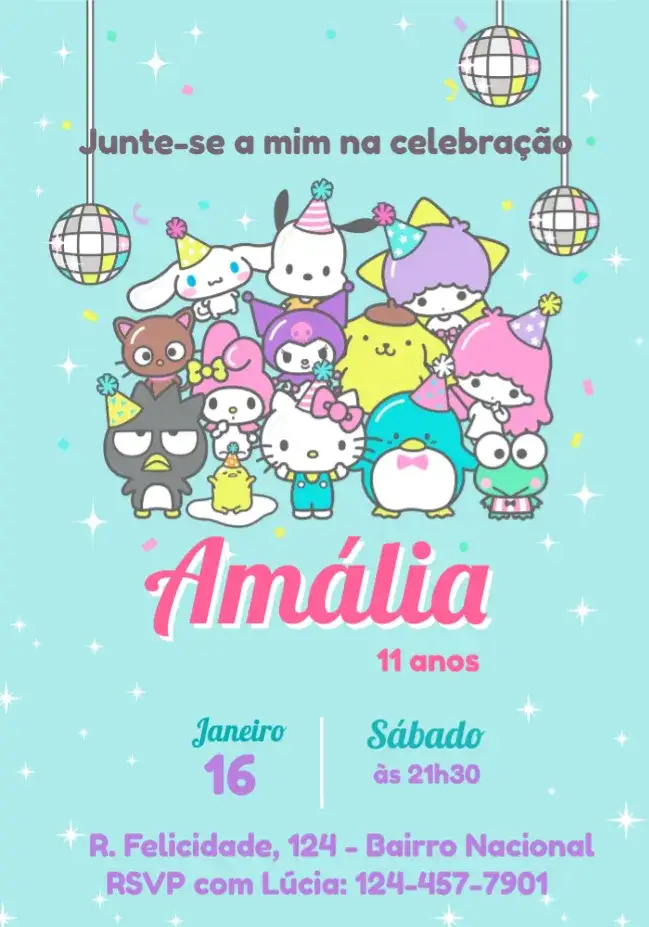 Convite Hello Kitty E Amigos Melody – tema Mais pesquisados divertido, colorido, infantil, temático, fofo