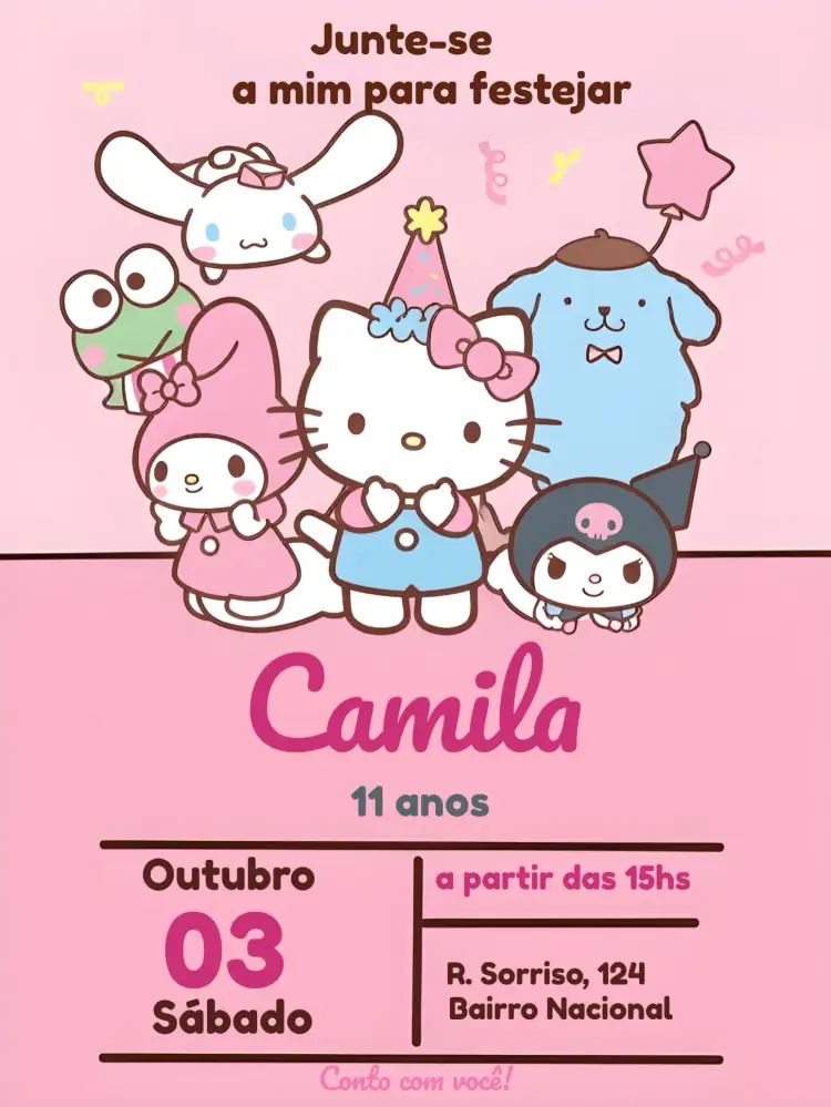 Convite Hello Kitty E Amigos Melody – tema Mais pesquisados rosa, infantil, divertido, colorido, temático