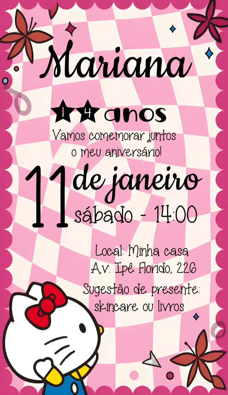 Convite Hello Kitty Emo – tema Aniversário Infantil emo, rosa, divertido, temático, colorido, jovem