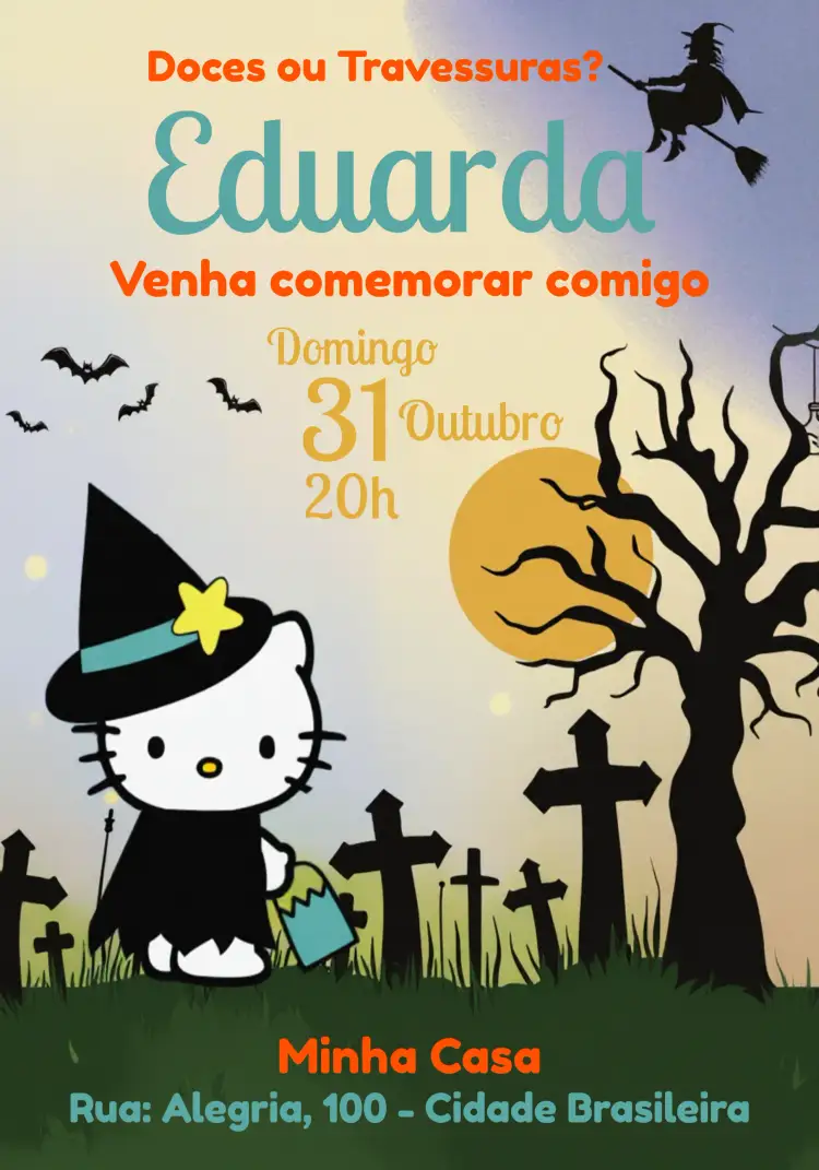 Convite Hello Kitty Halloween Dia – tema Datas Comemorativas cores vibrantes, estilo lúdico, elementos gráficos de Halloween, fofo e divertido, ilustrações coloridas, design moderno
