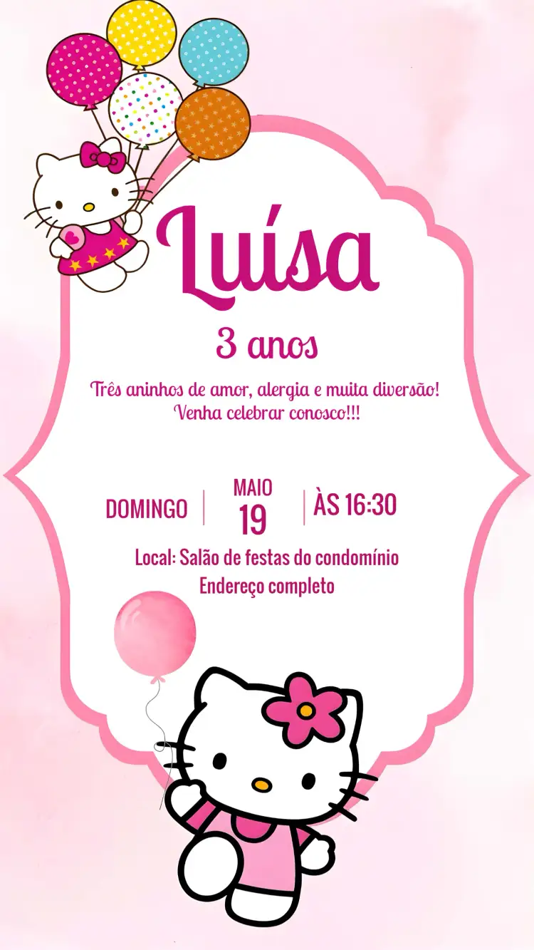 Convite Hello Kitty Menina – tema Mais pesquisados rosa, lúdico, infantil, colorido, divertido, Hello Kitty