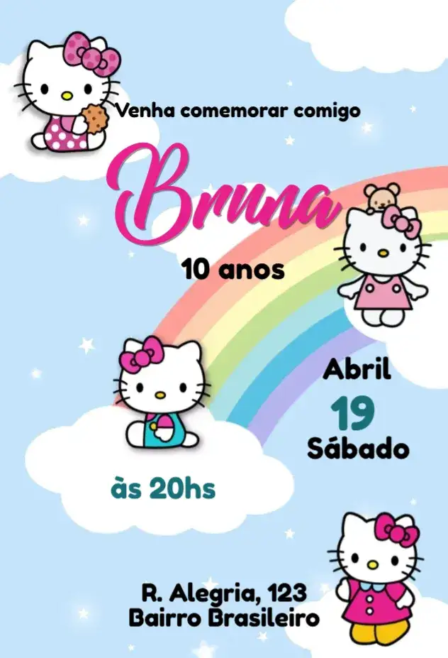 Invitation Hello Kitty in the Clouds – Kids' Birthday Party theme pastel colors, playful style, cute elements, clouds and stars, cheerful design, inspired by Sanrio