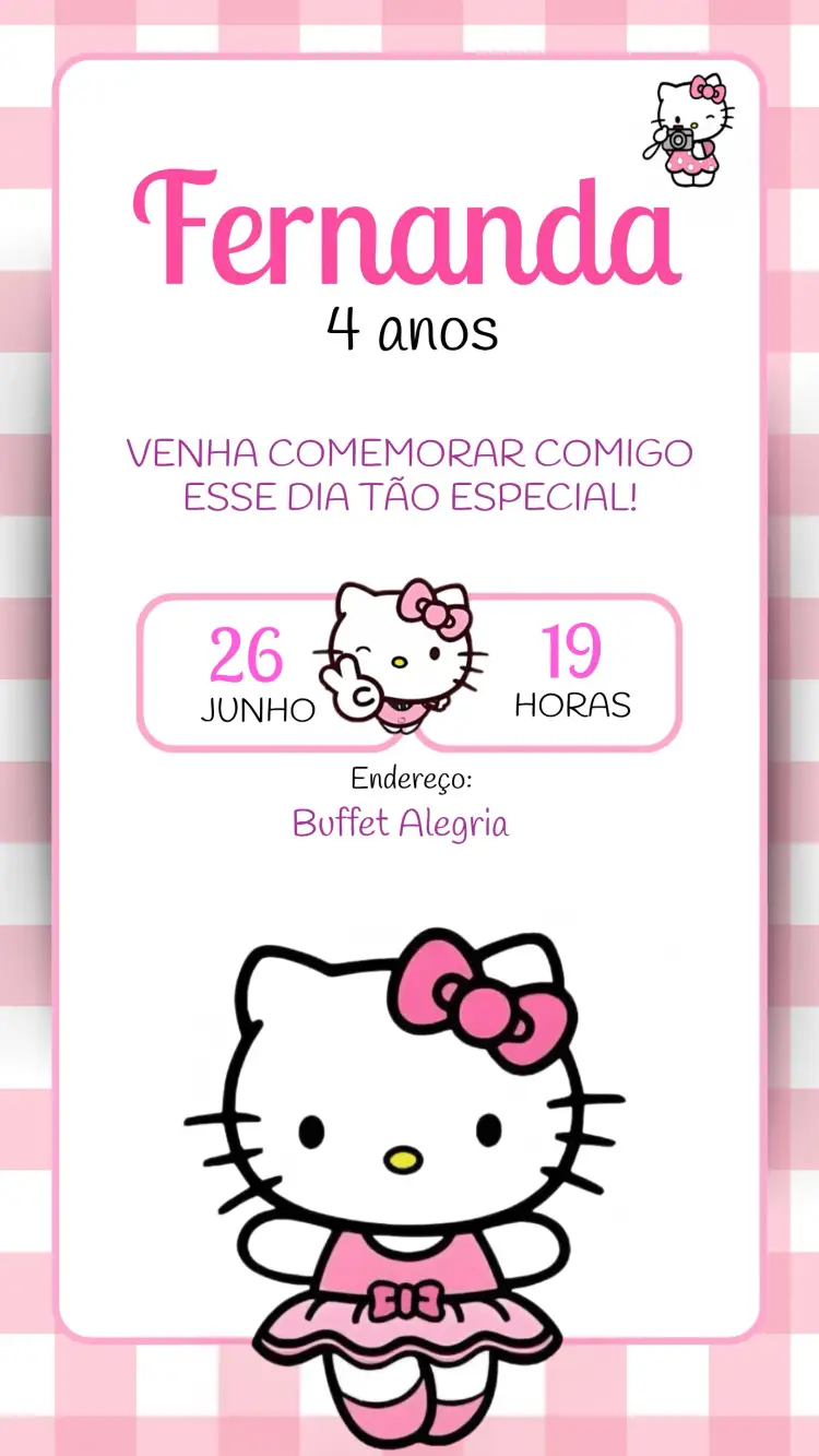 Convite Hello Kitty Rosa – tema Mais pesquisados rosa, colorido, infantil, divertido, temático, fofo