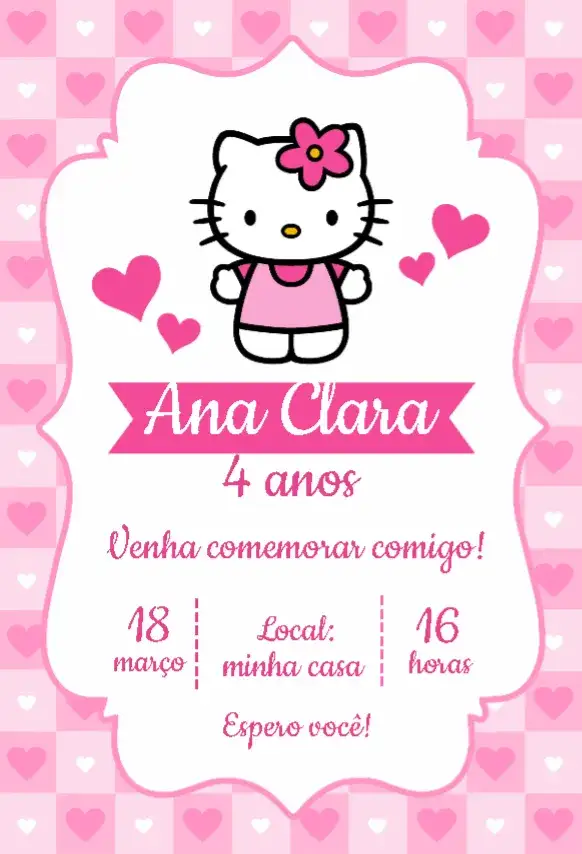 Convite Hello Kitty Rosa Corações – tema Aniversário Infantil rosa, corações, infantil, divertido, lúdico, temático