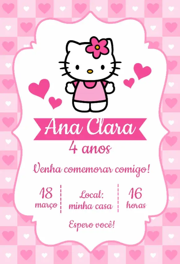 Convite Hello Kitty Rosa Corações