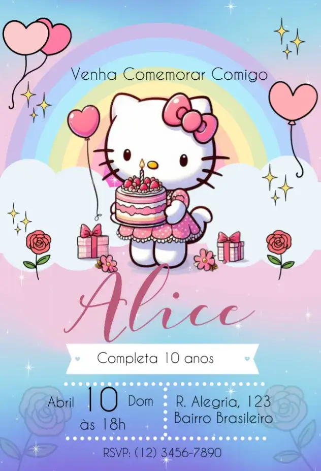 Invitación Hello Kitty Rosas – tema Aniversário Infantil cores pastel, estilo lúdico, elementos florais, vintage, temática infantil