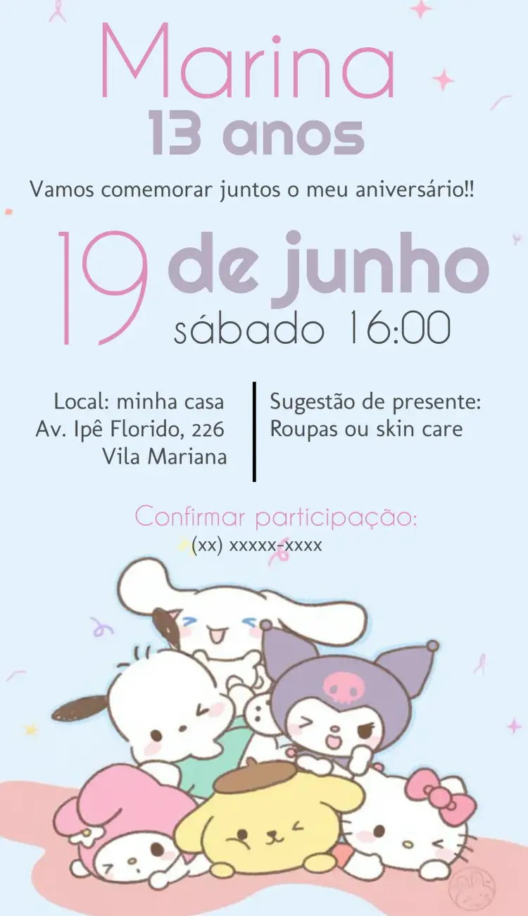 Convite Hello Kitty Sanrio Kuromi – tema Mais pesquisados cores vibrantes, estilo lúdico, elementos fofos, inspirado em personagens, design moderno