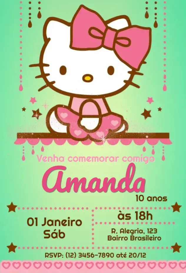 Convite Hello Kitty Verde e Rosa