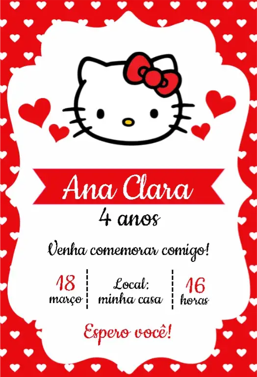 Convite Hello Kitty Vermelha – tema Aniversário Infantil vermelho vibrante, branco clean, preto elegante, corações fofos, estilo infantil, tema Hello Kitty