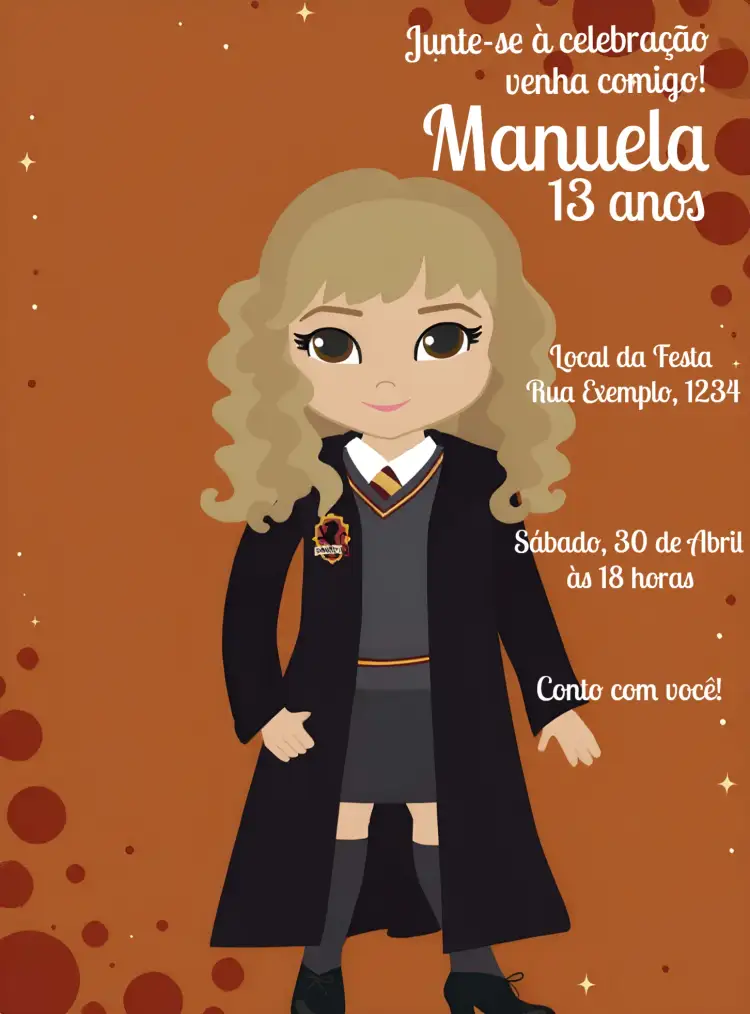 Convite Hermione Granger Amarelo – tema Aniversário Infantil magia, escolar, fantasia