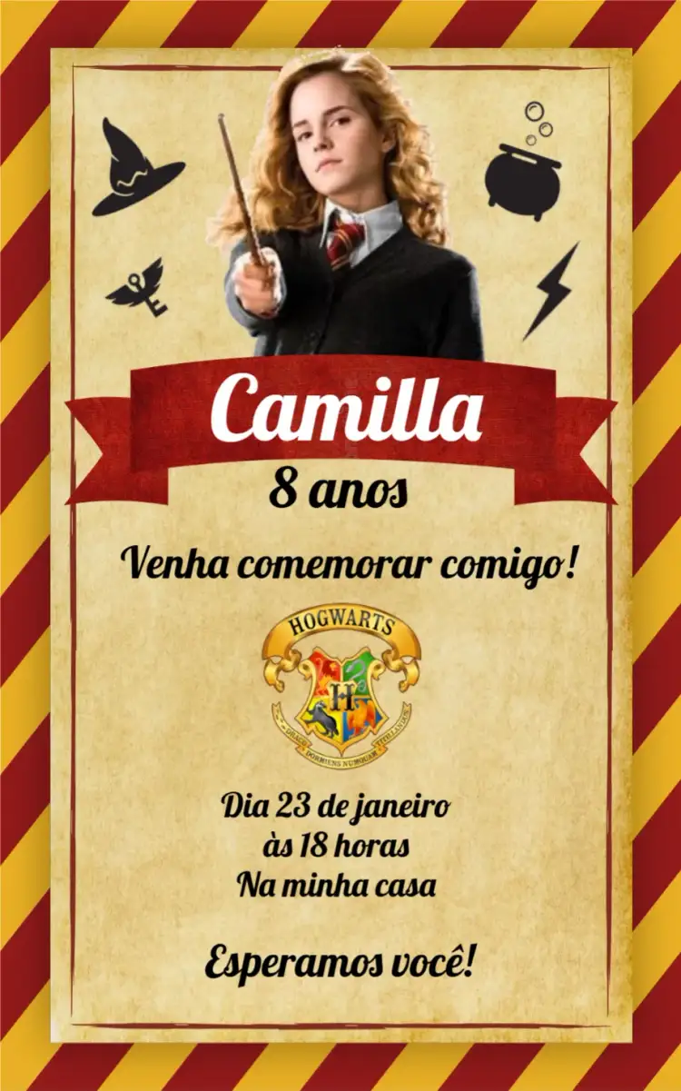 Convite Hermione Griffindor – tema Aniversário Infantil vermelho e amarelo, mágico, temático, divertido, aventura, fantasia