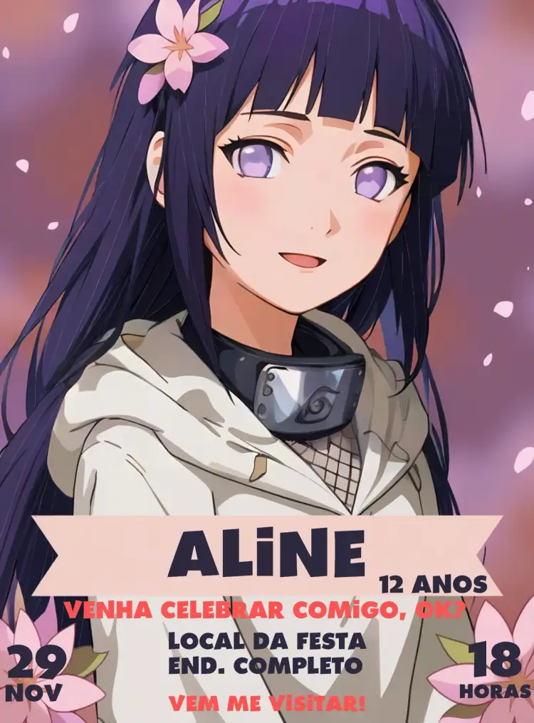 Convite Hinata Naruto Boruto – tema Aniversário Infantil anime, colorido, divertido, moderno, jovial